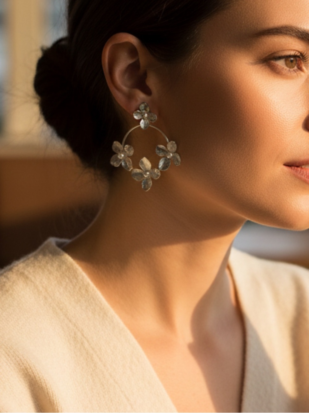 Silver Floral Hoop Dangle Earrings with Faux Pearl Accent